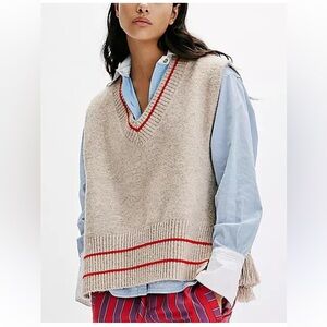 Free People all star striped poncho Gray & Red Women's Sweater Vest onesize NWOT
